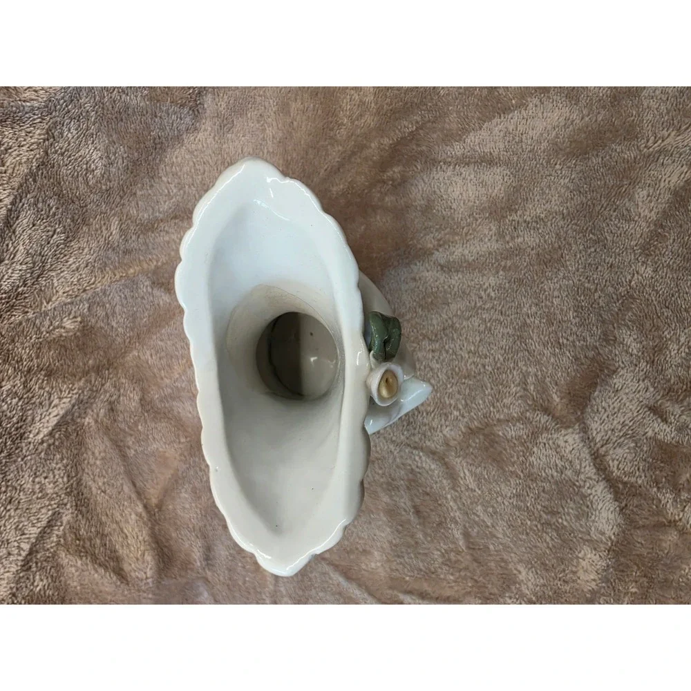 Vintage Porcelain Double Swan Vase with 3D Pink Rose Floral Accents Ceramic